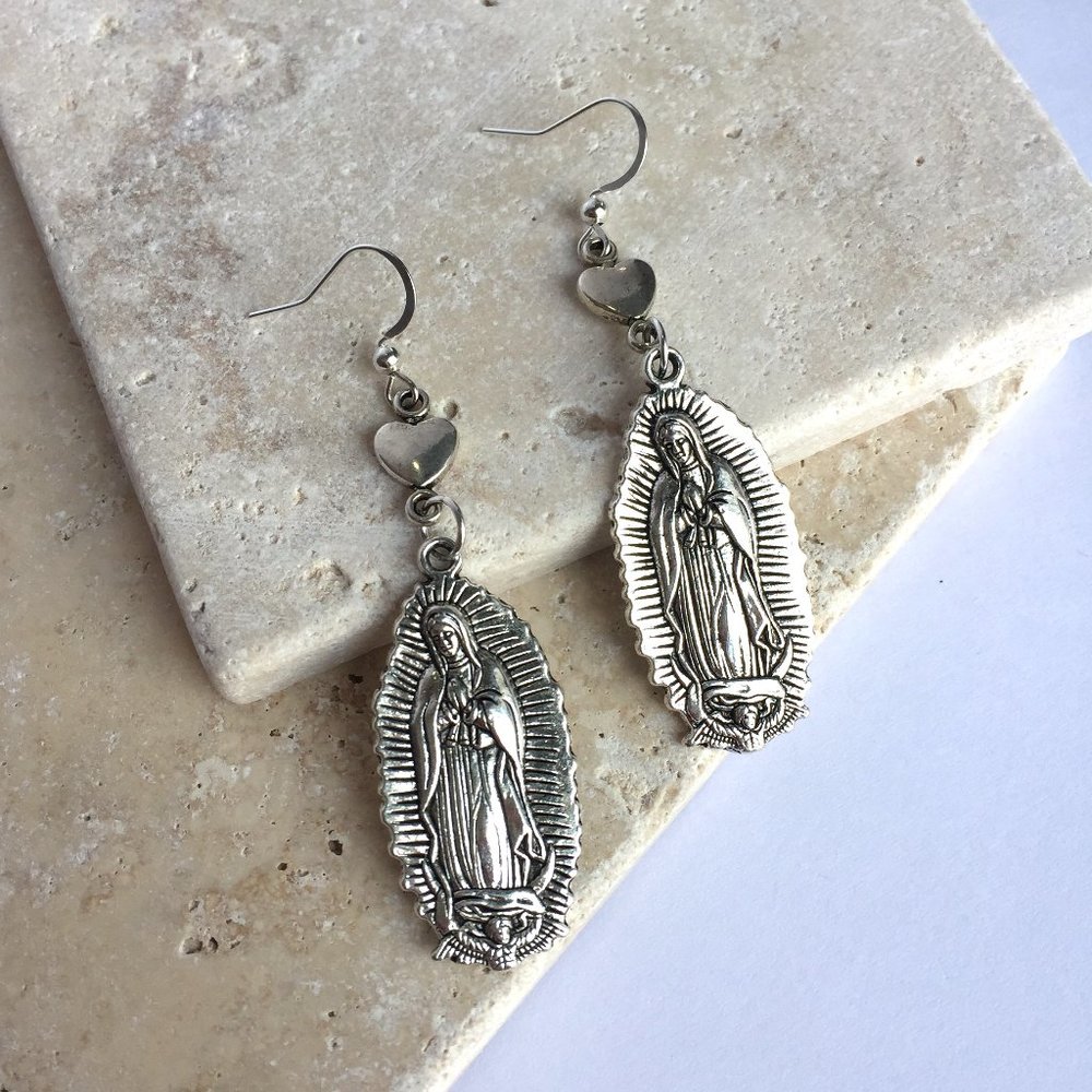 Silver Virgin Mary Heart Earrings - Picture 3 of 7